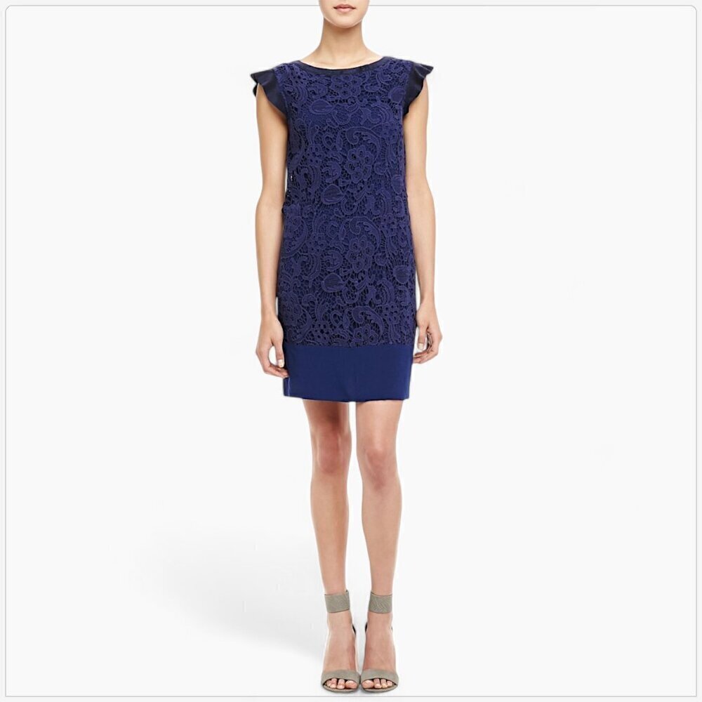 Ella Moss Jamie Navy Blue Lace Faux Suede Trim Shift Cap Sleeve Dress M L ?